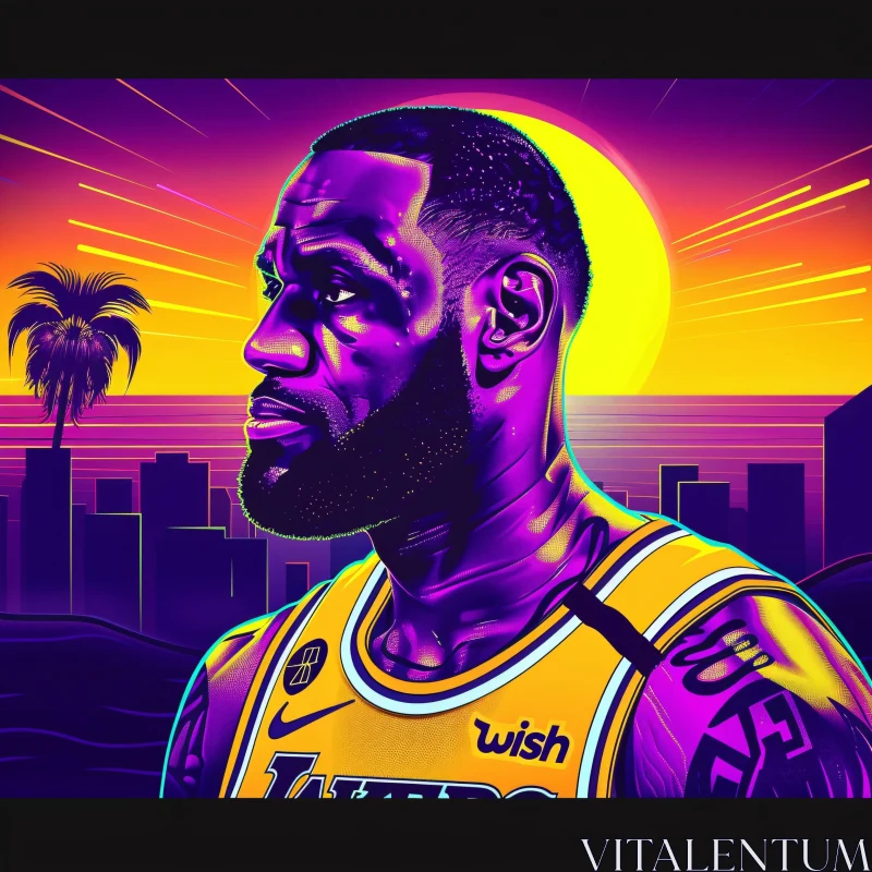 LeBron James Art with Sunset City Background AI Image