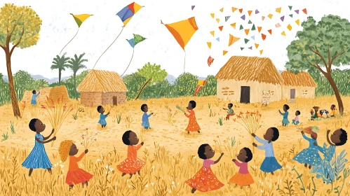 Joyful Kite Flying in Rural Village