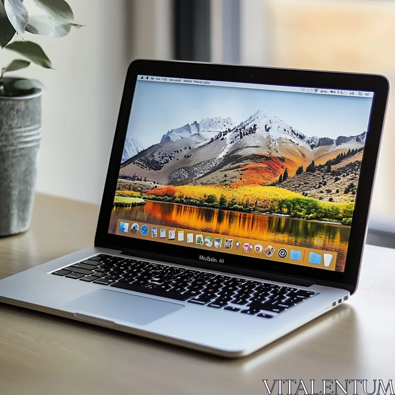 Sleek MacBook Air on Wooden Desk with Mountain Scene AI Image