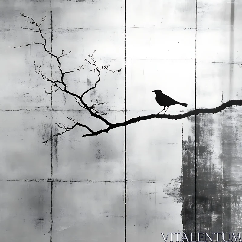 Monochrome Bird Silhouette on Branch AI Image