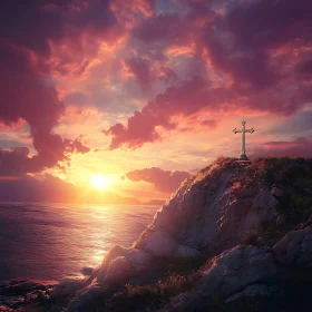 Ocean Sunset with Cross Silhouette