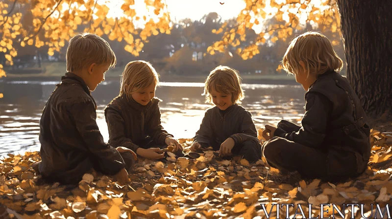 AI ART Kids Enjoying Autumn by the Lake