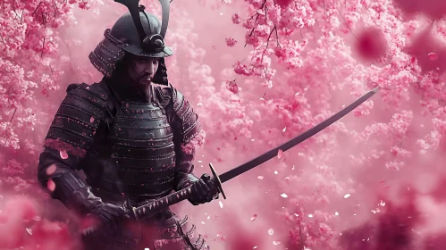 Warrior with Katana in Pink Blossom