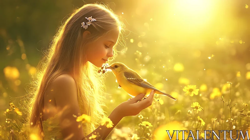 Serene Girl and Bird in Field AI Image