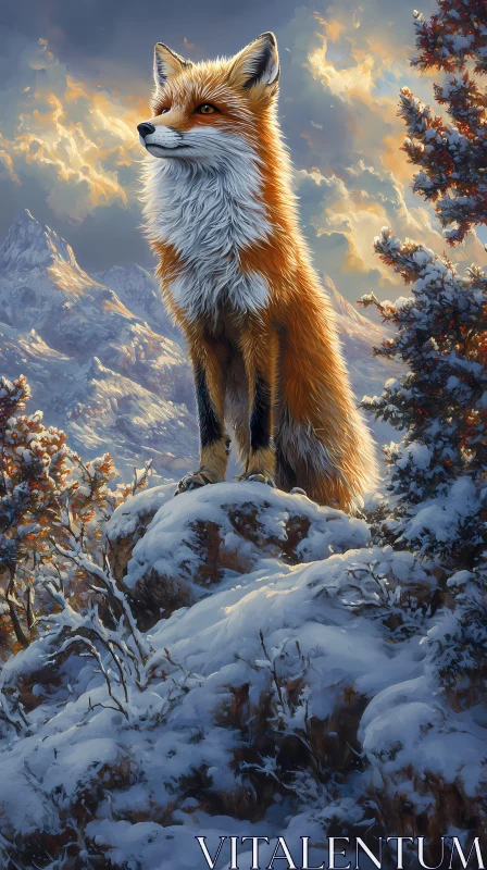 AI ART Proud Fox on Snowy Peak