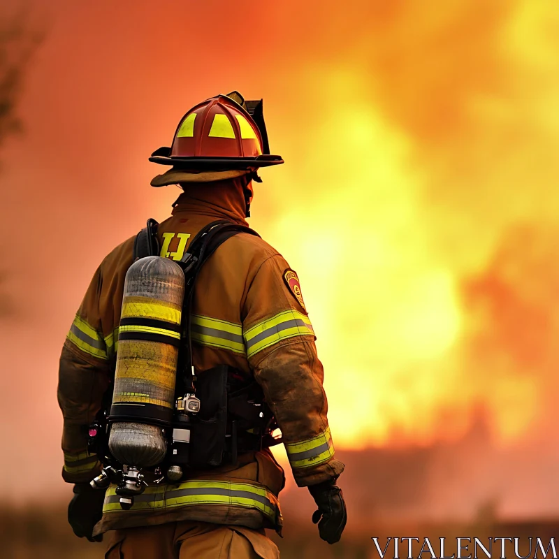 Firefighter in Action Amidst a Fierce Fire AI Image