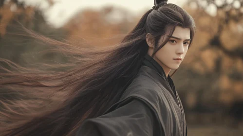 Serene Man with Flowing Hair