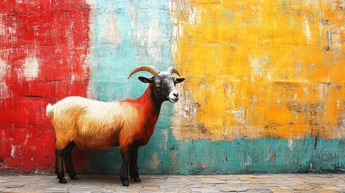 Urban Goat Against Vibrant Wall