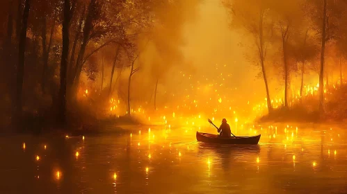 Night River Scene with Canoe