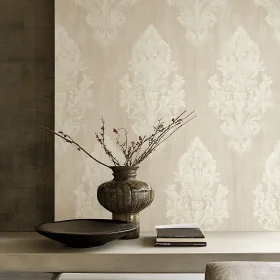 Rustic Vase and Books with Damask Wallpaper Background