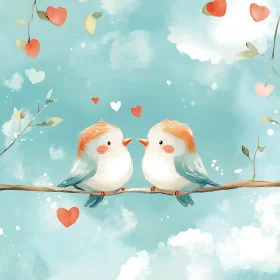 Charming Bird Couple with Hearts Artwork