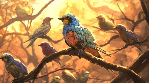 Colorful Birds Gathering on Tree Branches