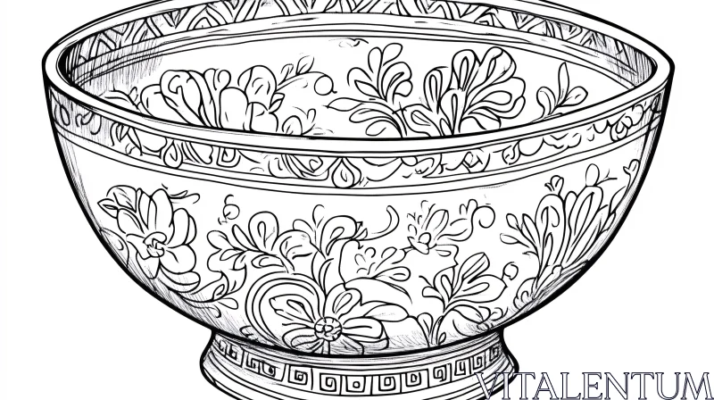 Intricate Line Drawing of Floral Bowl AI Image