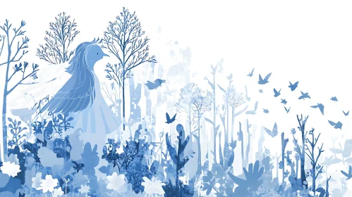 Peaceful Blue Bird and Forest Scene