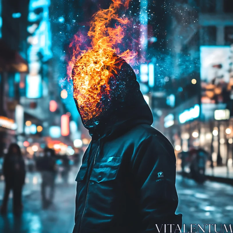 Flaming Head in the City AI Image