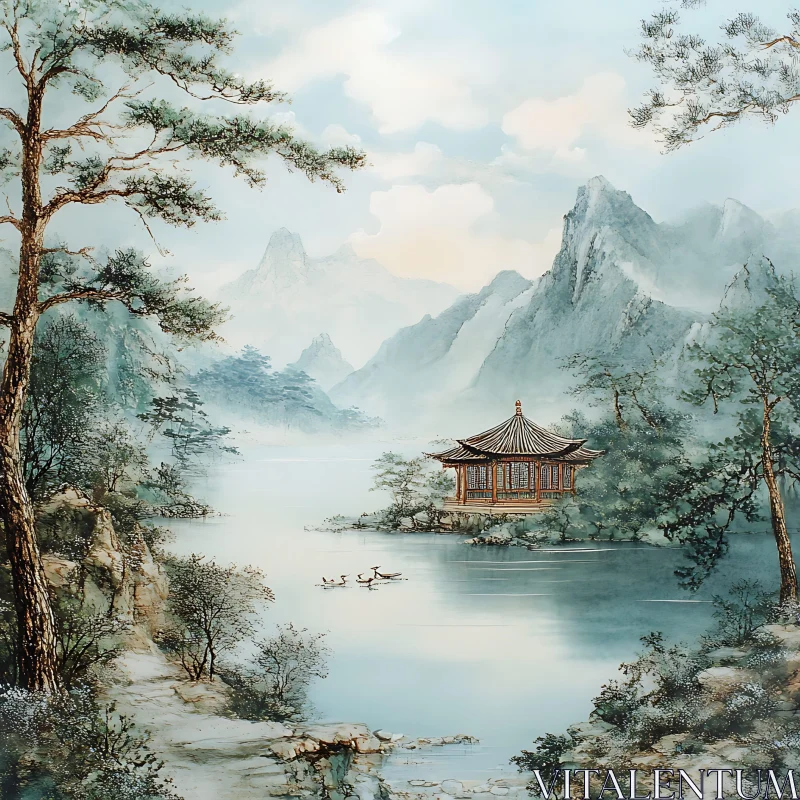 Scenic Lake and Pavilion Art Print AI Image