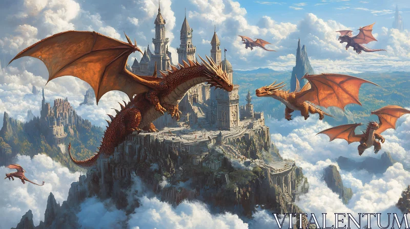 Fantasy Dragons Over Cloud Castle AI Image