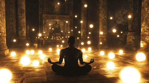 Figure Meditating Surrounded by Light Orbs