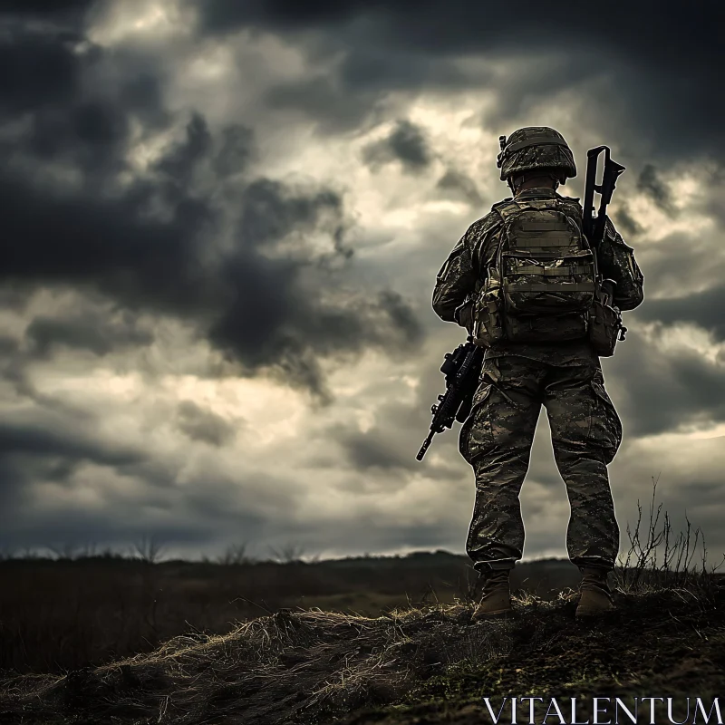 Military Figure Under Ominous Clouds AI Image