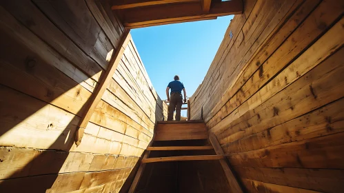 Man Climbing Steps in Wooden Structure