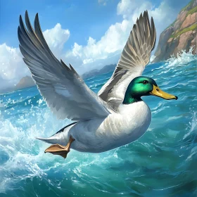 Majestic Duck Soaring Above the Sea