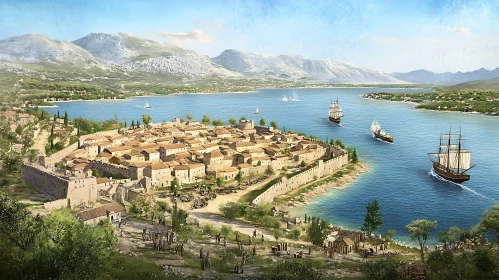 Historical Seaport City with Sailing Vessels