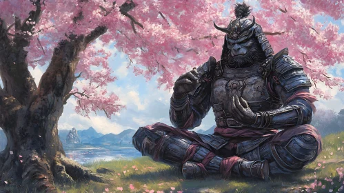 Meditative Gorilla Samurai in Spring