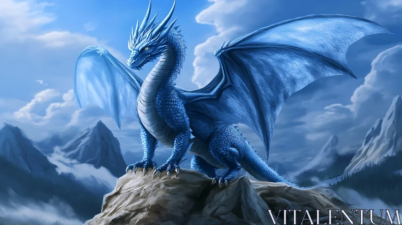 Fantasy Blue Dragon on Mountain Peak AI Image