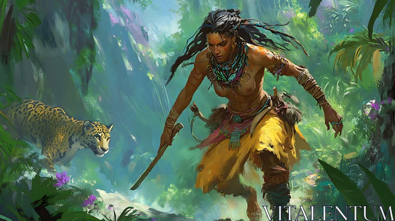 Woman Running from Jaguar in Jungle AI Image