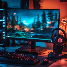 Modern Gaming Desk with Forest Wallpaper