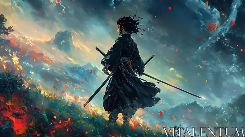 AI ART Swordsman in Tranquil Battleground