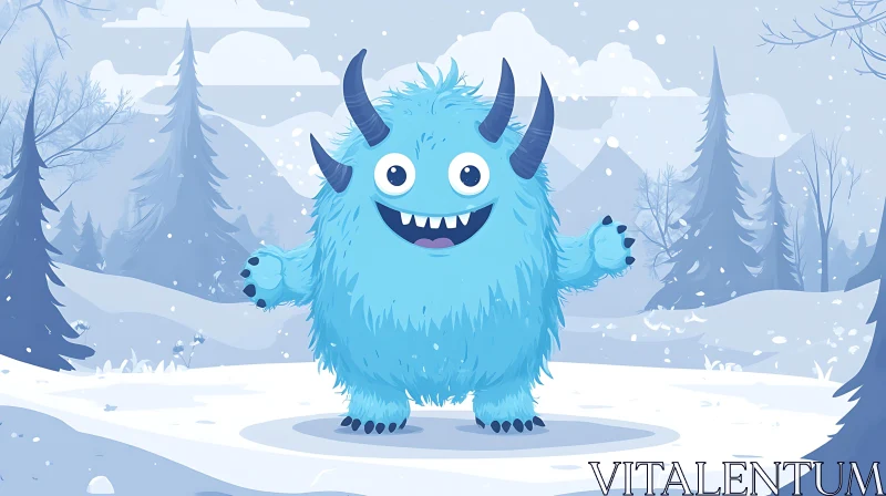 AI ART Happy Blue Monster in Snowy Forest