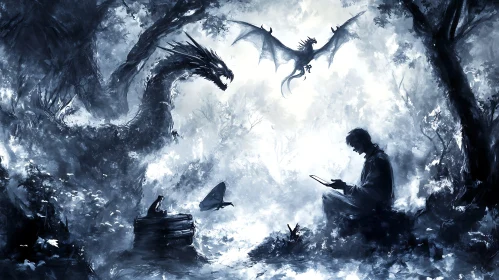 Fantasy Scene with Dragons and a Reader