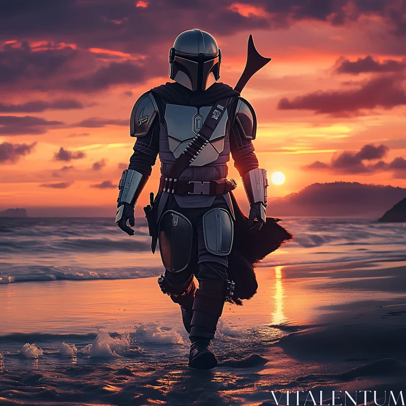 AI ART Armored Figure Walking on Beach at Sunset