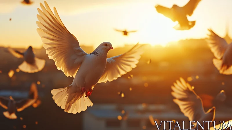 White Doves Soaring at Sunset AI Image