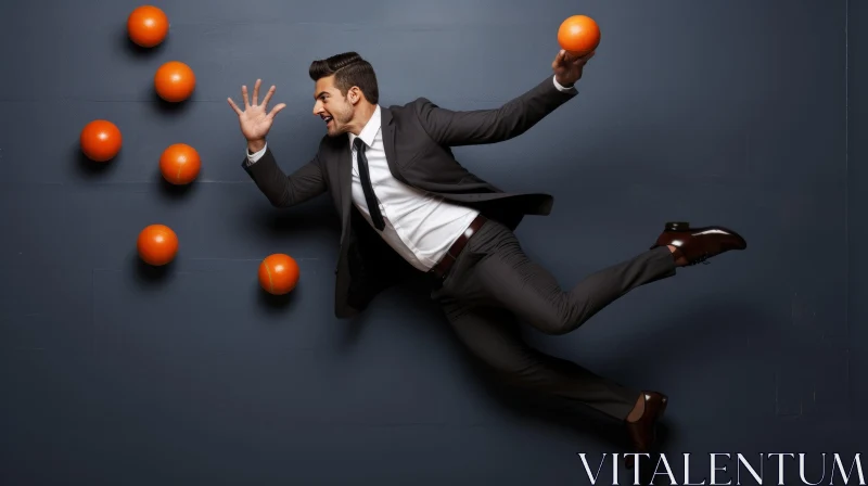AI ART Jumping Businessman with Oranges | Contemporary Portrait Photography