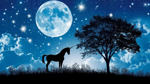 Night Landscape with Unicorn and Full Moon
