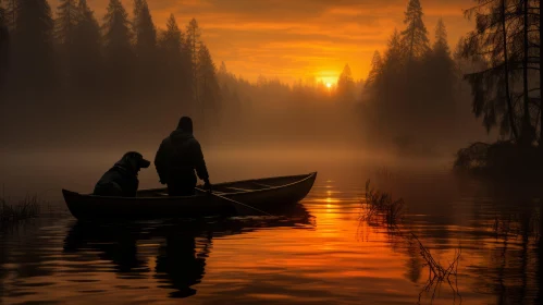 Peaceful Canoeing: Man and Dog in a White Canoe on a Serene River