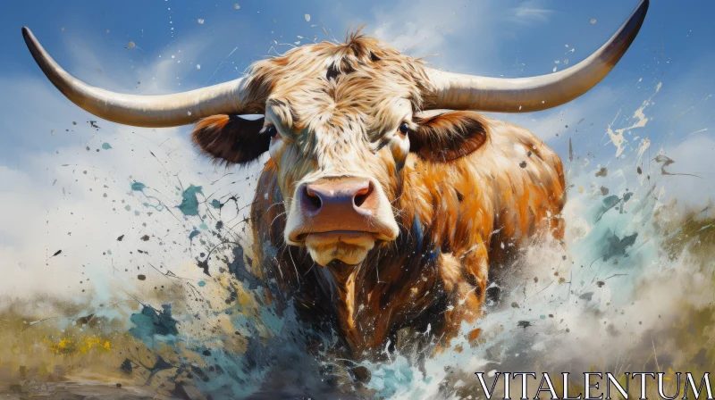 Running Bull Through Water - An Oil Painting AI Image