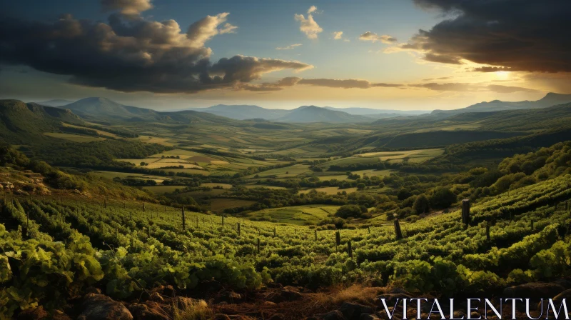 Sunset View of Vineyards in Mountains - Romantic Landscape AI Image