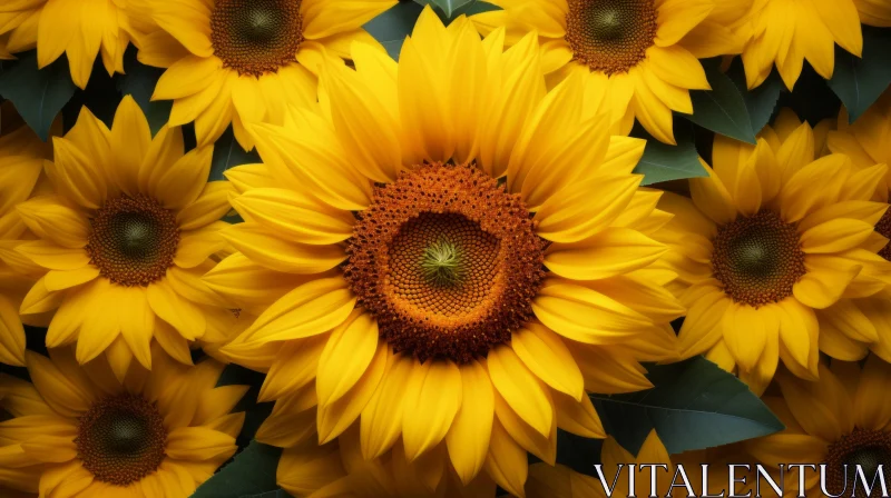 Symmetrical Arrangement of Yellow Sunflowers Against Dark Background AI Image