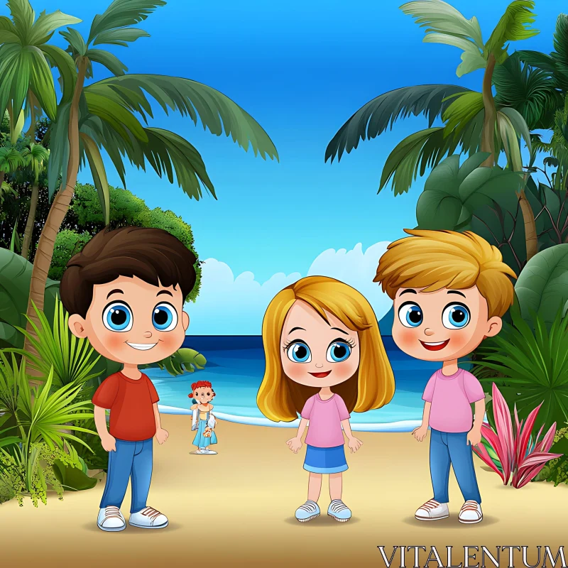 AI ART Cartoon Children on a Tropical Island