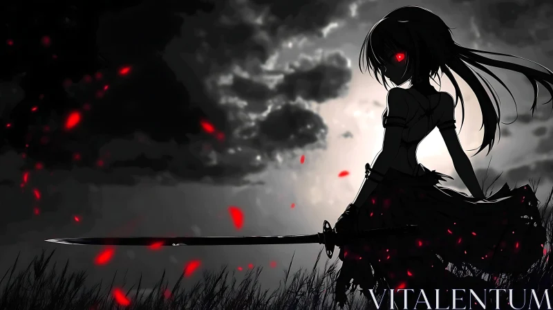 Silhouette Anime Warrior with Red Eyes AI Image