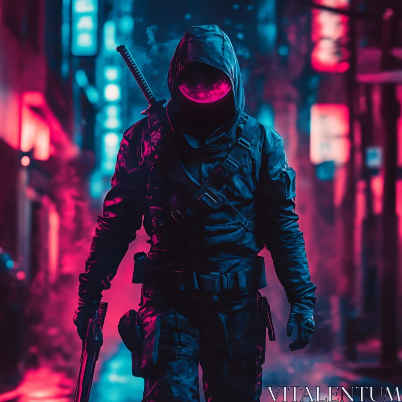 Hooded Ninja in Neon Cityscape AI Image