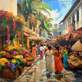 Colorful Street Market with Flowers