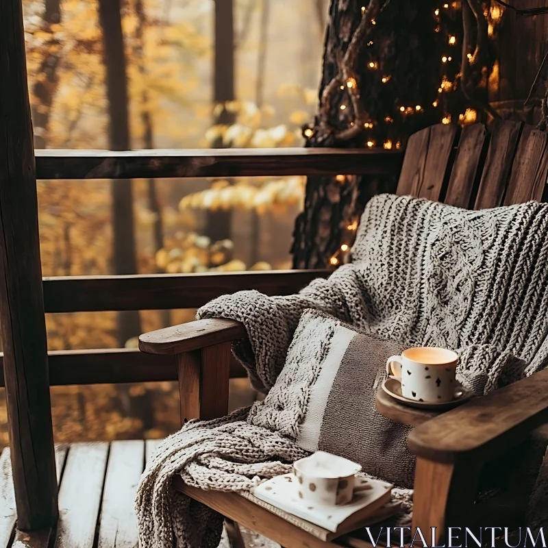 Autumn Forest Balcony with Knitted Blanket and Coffee AI Image