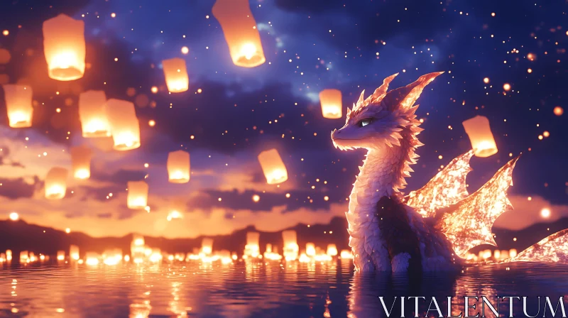 AI ART Dragon in Water with Lanterns