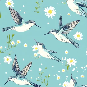 Floral Hummingbird Pattern on Blue