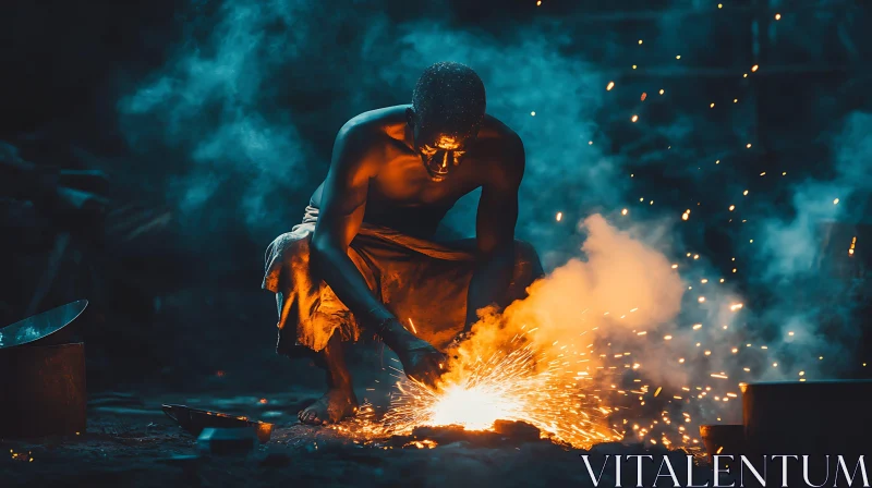 Man Working with Fire and Sparks AI Image