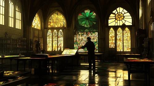 Cathedral Interior with Stained Glass Windows